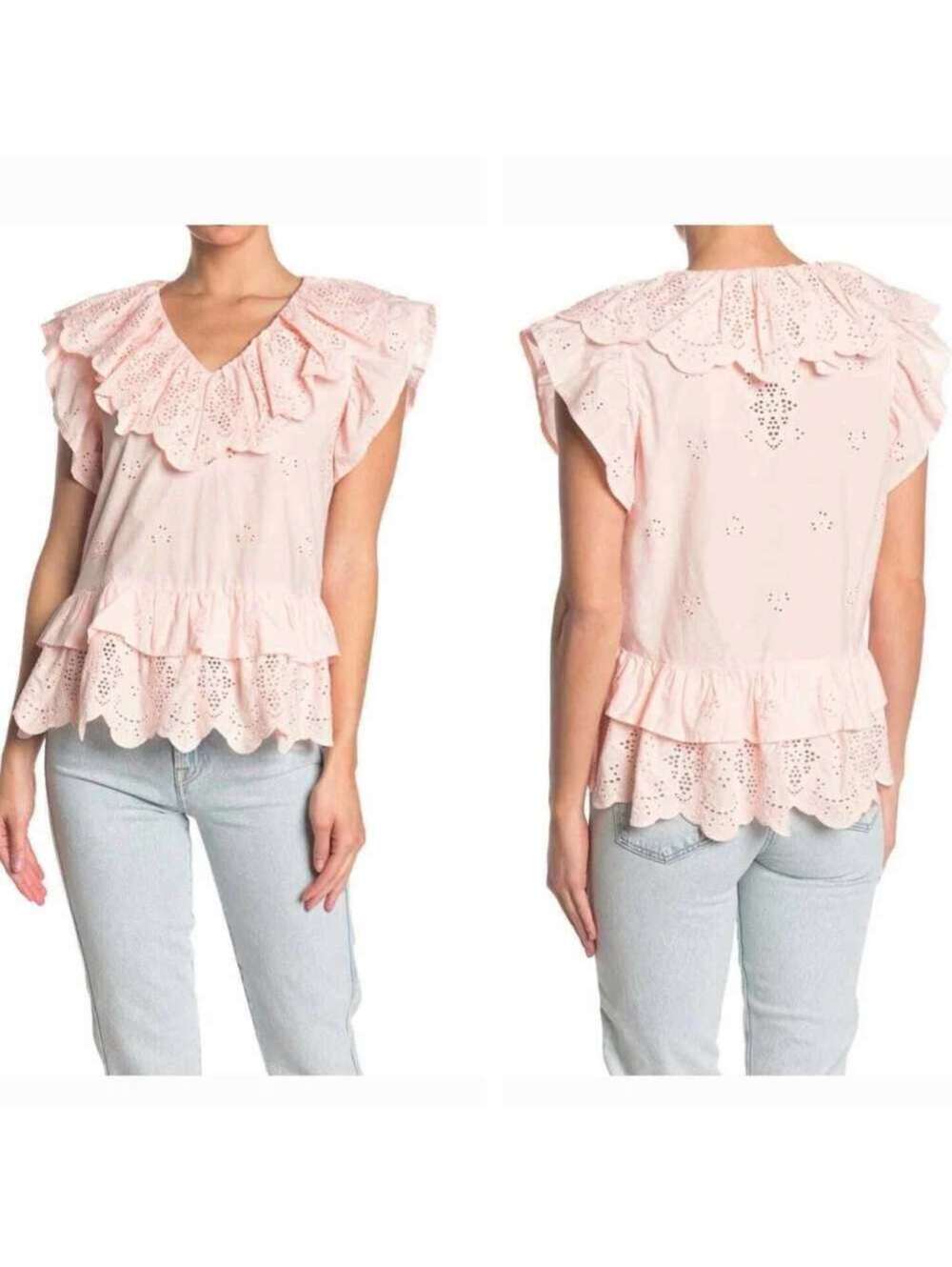 7 For All Mankind Pink Double Ruffle Eyelet Boho V-Neck Top Size L Girlhoodcore